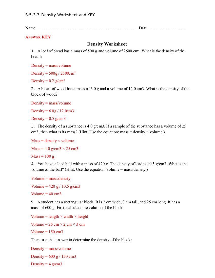 Density Worksheet And Key â Worksheet Template